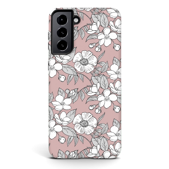 Galaxy S21 plus StrongFit White Cherry flowers line art drawing on pink by Oana 