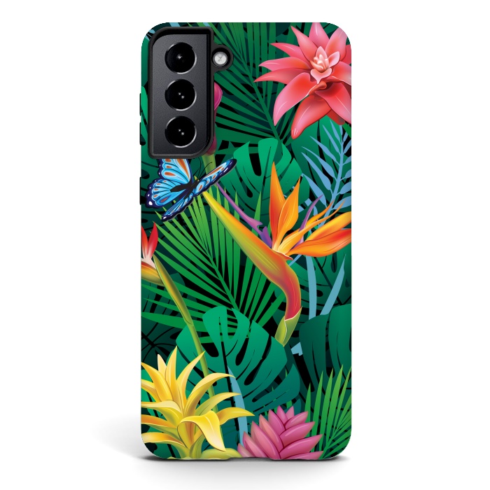 Galaxy S21 StrongFit Cute Tropical Floral Design Green Pink and Purple by ArtsCase
