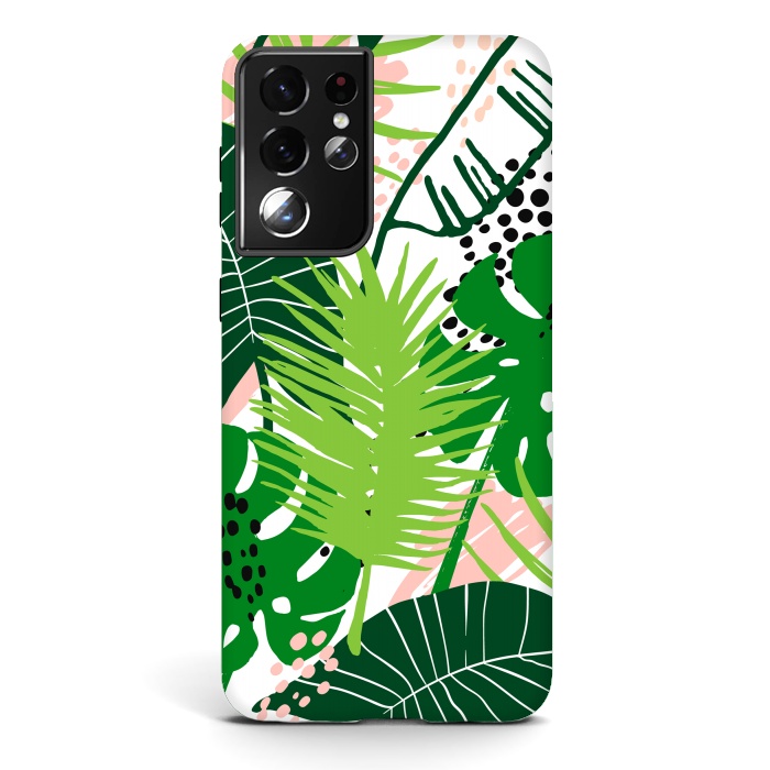 Galaxy S21 ultra StrongFit Seamless Exotic Pattern with Green Tropical Leaves by ArtsCase
