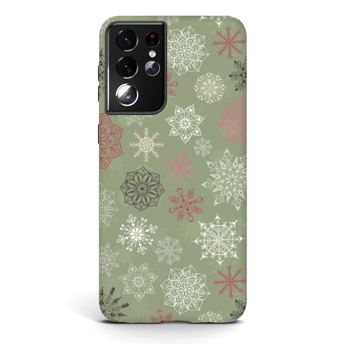 Galaxy S21 ultra StrongFit Christmas Snowflakes on Dark Green by Paula Ohreen