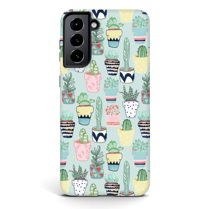 Galaxy S21 plus StrongFit Cute Cacti In Pots on Mint Green by Tangerine-Tane