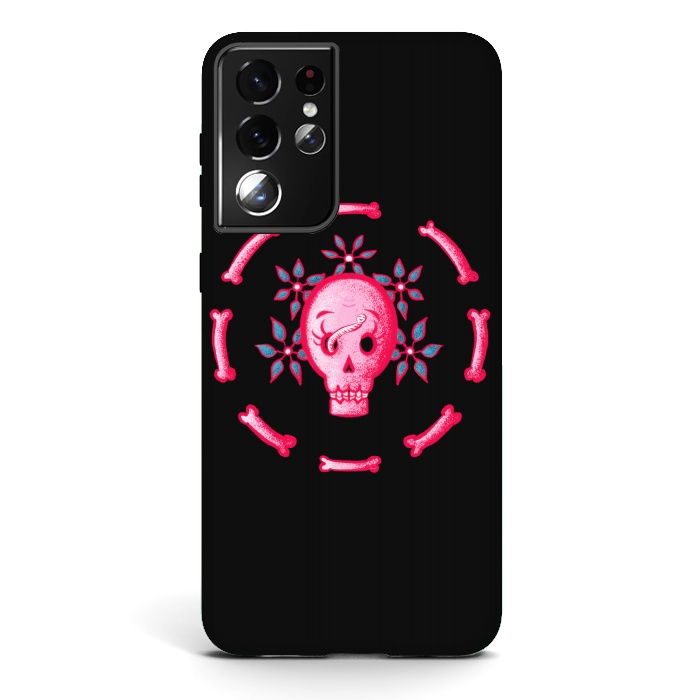 Galaxy S21 ultra StrongFit Funny Skull In Pink With Flowers And Bones by Boriana Giormova