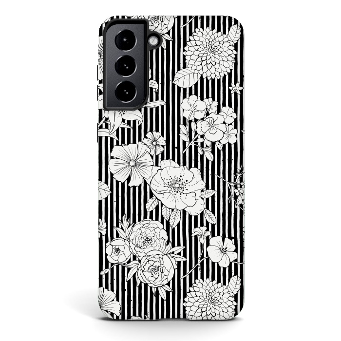 Galaxy S21 plus StrongFit Flowers and Stripes Black and White by Ninola Design