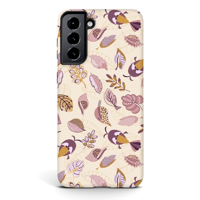 Galaxy S21 StrongFit Cute parrots in a fun tossed pattern with funky leaves in purple and mustard by Paula Ohreen
