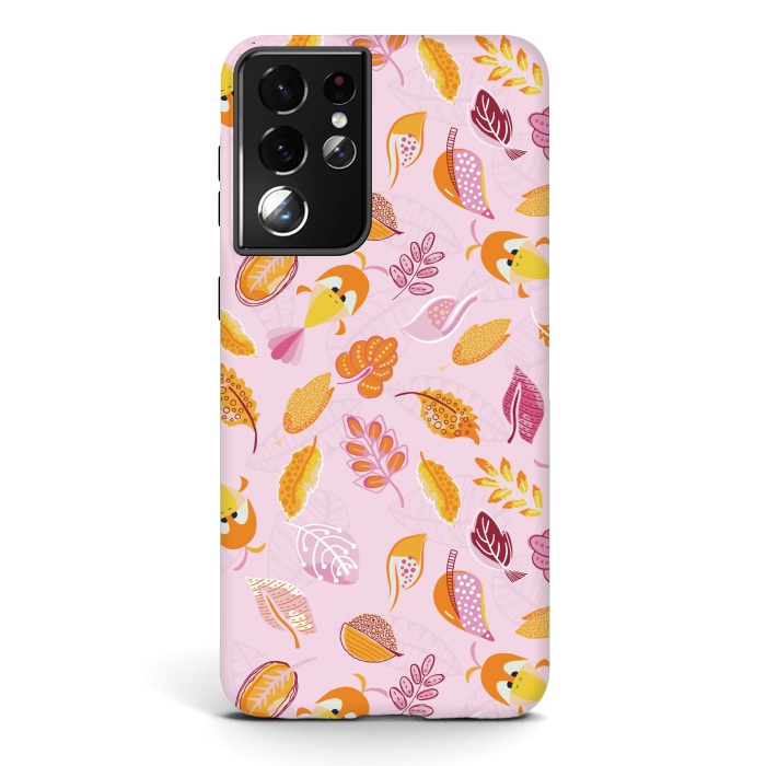 Galaxy S21 ultra StrongFit Cute parrots in a fun tossed pattern with funky leaves in pink and orange by Paula Ohreen