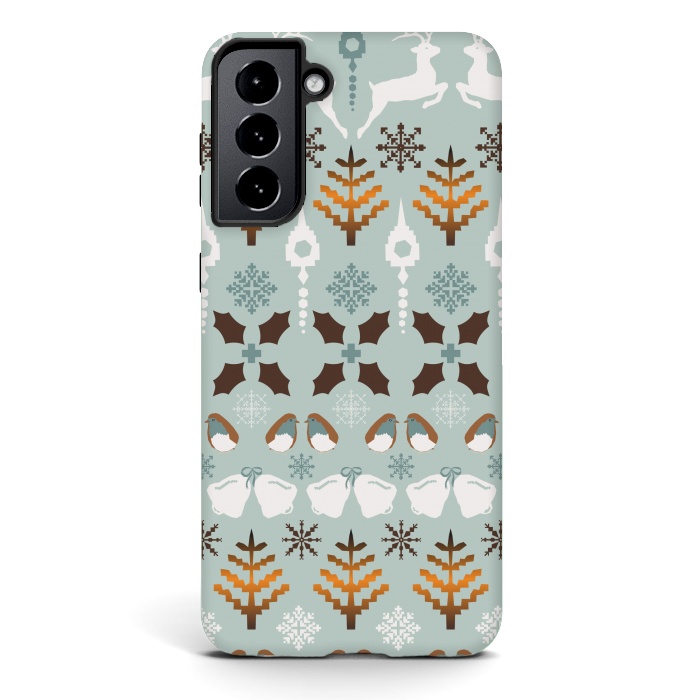 Galaxy S21 plus StrongFit Fair Isle Christmas in blue and brown by Paula Ohreen