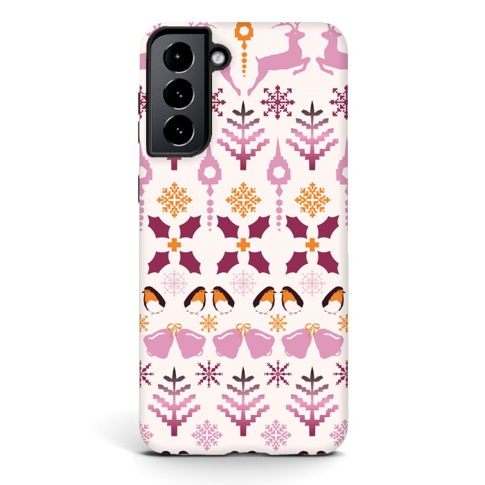 Galaxy S21 StrongFit Fair Isle Christmas in pink and orange by Paula Ohreen