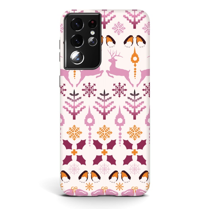 Galaxy S21 ultra StrongFit Fair Isle Christmas in pink and orange by Paula Ohreen