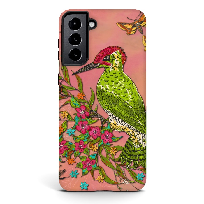 Galaxy S21 plus StrongFit Floral Woodpecker by Lotti Brown