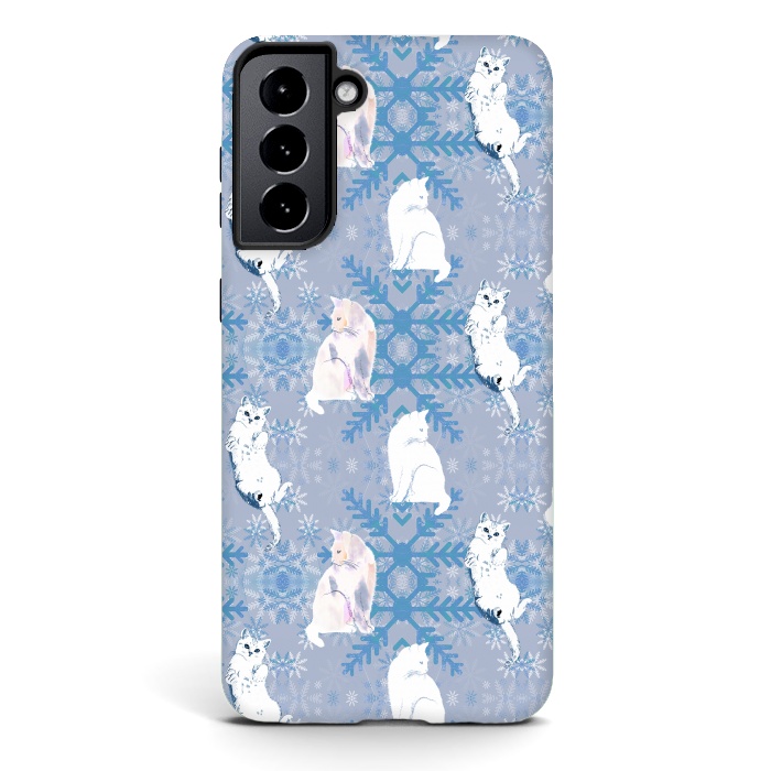 Galaxy S21 StrongFit Cute white cats and blue Christmas snowflakes by Oana 