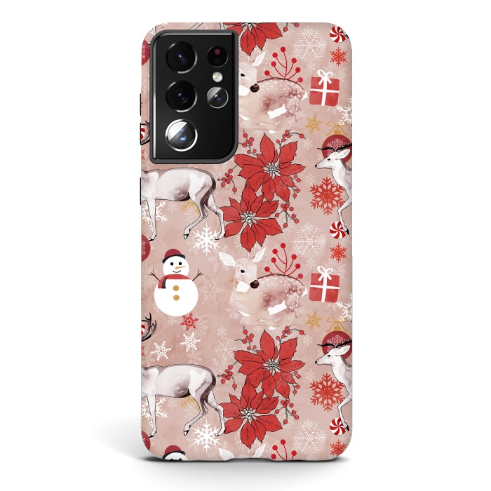 Galaxy S21 ultra StrongFit Deers and Christmas ornaments red pink by Oana 