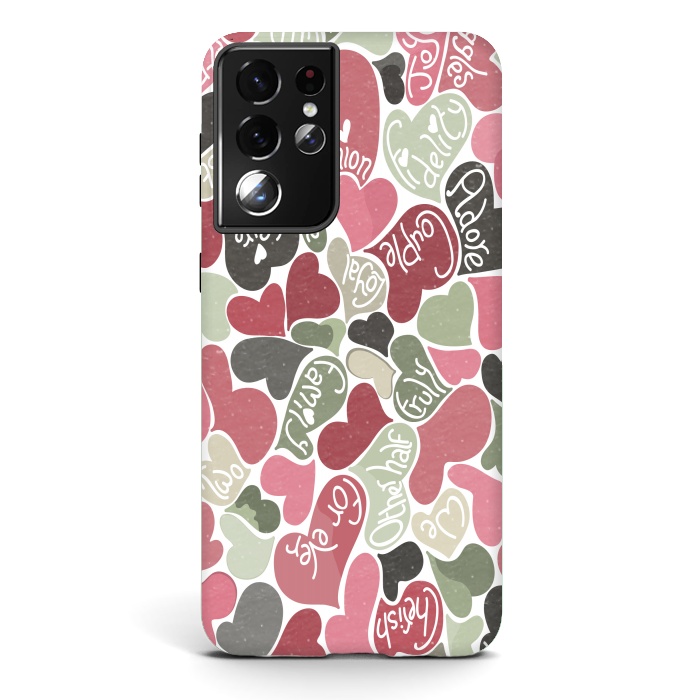 Galaxy S21 ultra StrongFit Love hearts with loving words in pink and green by Paula Ohreen