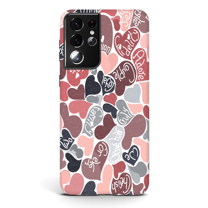 Galaxy S21 ultra StrongFit Love hearts with loving words in pink and grey by Paula Ohreen