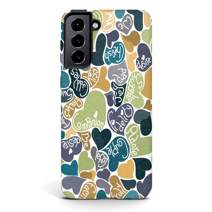 Galaxy S21 plus StrongFit Love hearts with loving words in blue and green by Paula Ohreen