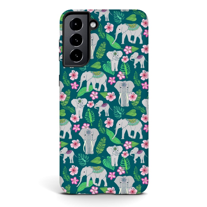 Galaxy S21 plus StrongFit Elephants of the Jungle on Green by Tangerine-Tane