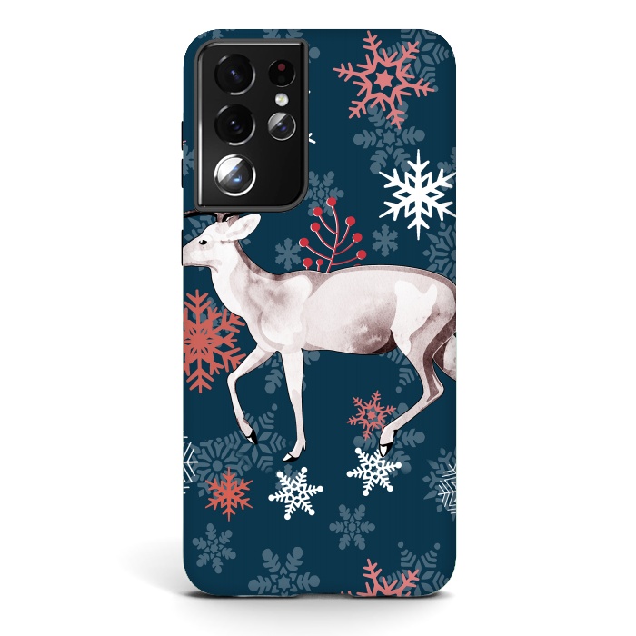 Galaxy S21 ultra StrongFit Reindeer and snowflakes winter illustration by Oana 