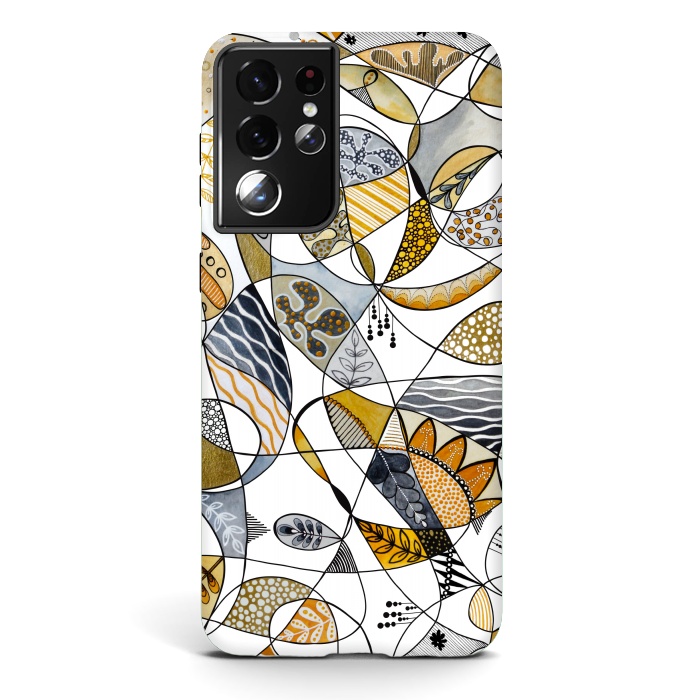 Galaxy S21 ultra StrongFit Continuous Line Abstract Art in Grey and Yellow by Paula Ohreen