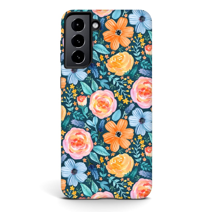 Galaxy S21 StrongFit Bold Blooms on Dark Teal by Tangerine-Tane