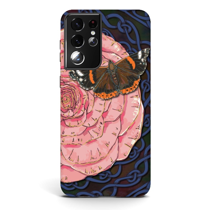 Galaxy S21 ultra StrongFit Pink Rose and Butterfly by Lotti Brown