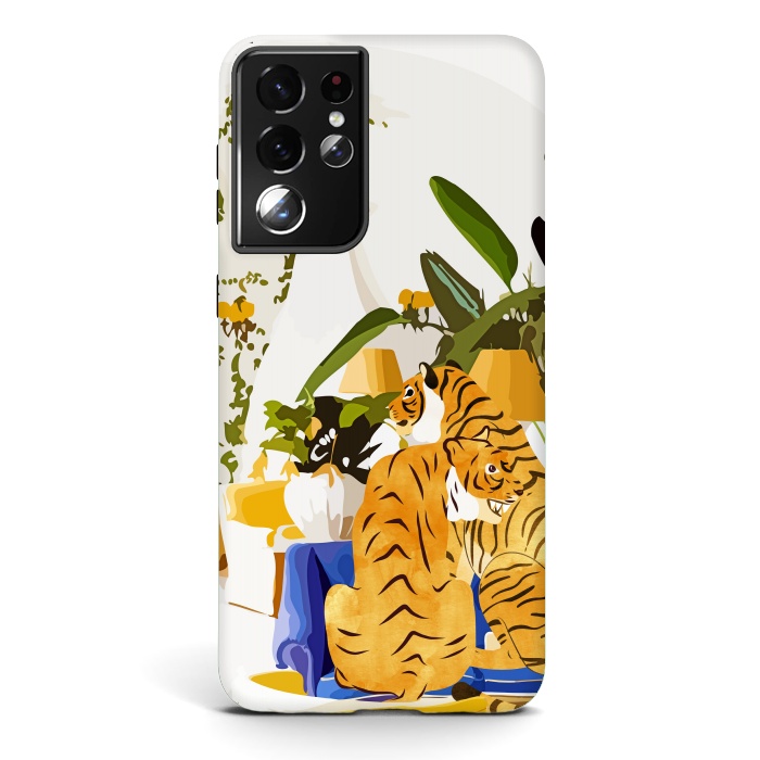 Galaxy S21 ultra StrongFit Tiger Reserve Villa | Bohemian Tropical Jungle Décor | Pastel Honeymoon Couple Love Wildlife by Uma Prabhakar Gokhale