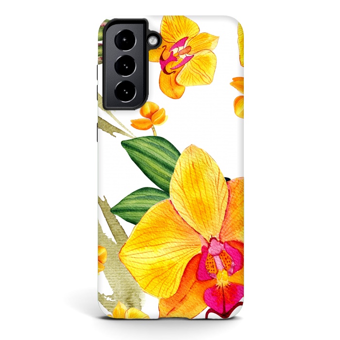 Galaxy S21 plus StrongFit watercolor yellow orchid flowers by haroulita