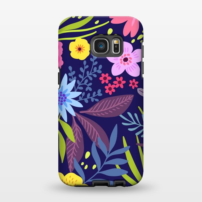 Galaxy S7 EDGE StrongFit Amazing seamless floral pattern with bright colorful flowers and leaves on a dark blue background by ArtsCase