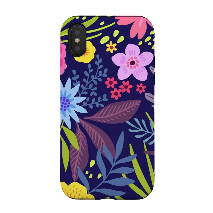 iPhone Xs / X StrongFit Amazing seamless floral pattern with bright colorful flowers and leaves on a dark blue background by ArtsCase