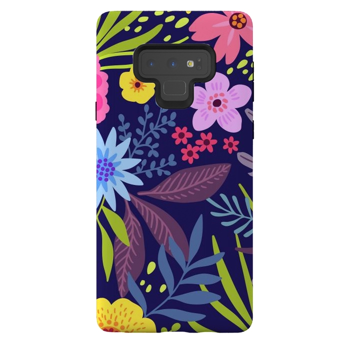 Galaxy Note 9 StrongFit Amazing seamless floral pattern with bright colorful flowers and leaves on a dark blue background by ArtsCase