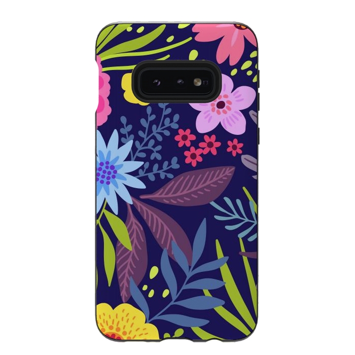 Galaxy S10e StrongFit Amazing seamless floral pattern with bright colorful flowers and leaves on a dark blue background by ArtsCase