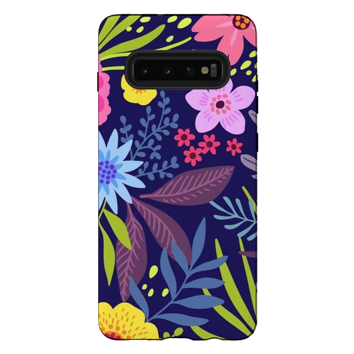 Galaxy S10 plus StrongFit Amazing seamless floral pattern with bright colorful flowers and leaves on a dark blue background by ArtsCase