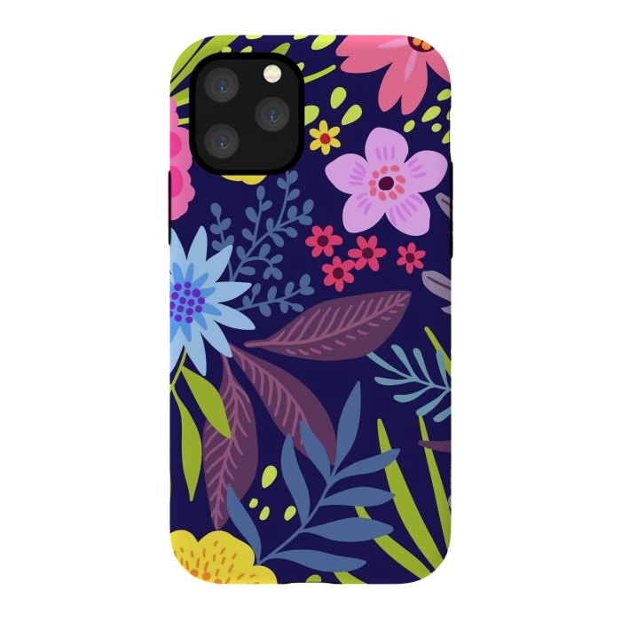 iPhone 11 Pro StrongFit Amazing seamless floral pattern with bright colorful flowers and leaves on a dark blue background by ArtsCase