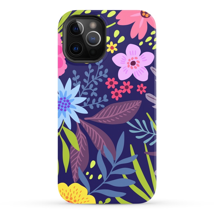 iPhone 12 Pro StrongFit Amazing seamless floral pattern with bright colorful flowers and leaves on a dark blue background by ArtsCase