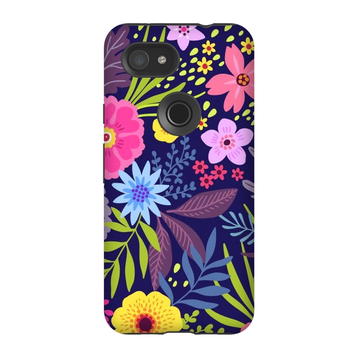 Pixel 3A StrongFit Amazing seamless floral pattern with bright colorful flowers and leaves on a dark blue background by ArtsCase