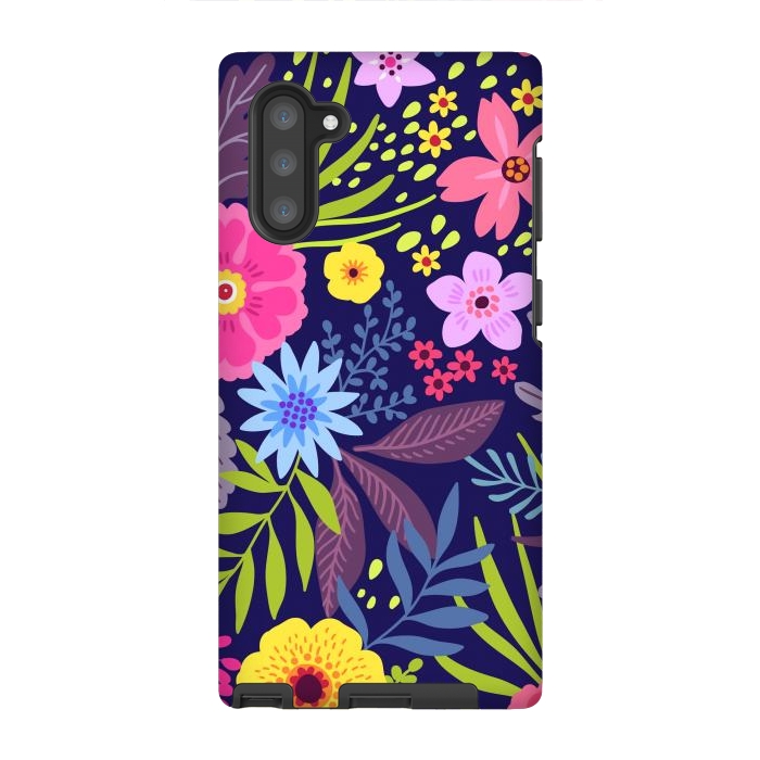 Galaxy Note 10 StrongFit Amazing seamless floral pattern with bright colorful flowers and leaves on a dark blue background by ArtsCase