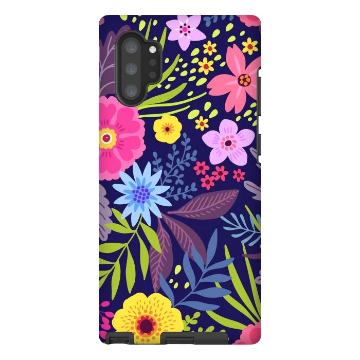 Galaxy Note 10 plus StrongFit Amazing seamless floral pattern with bright colorful flowers and leaves on a dark blue background by ArtsCase