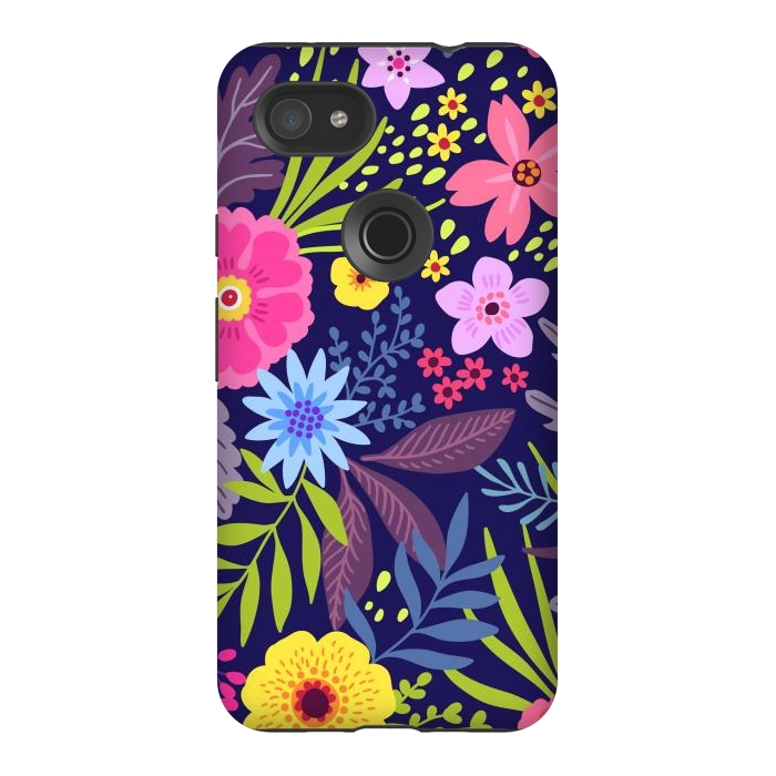 Pixel 3AXL StrongFit Amazing seamless floral pattern with bright colorful flowers and leaves on a dark blue background by ArtsCase