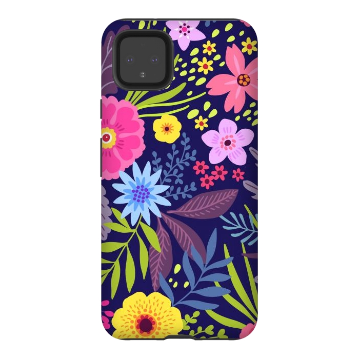 Pixel 4XL StrongFit Amazing seamless floral pattern with bright colorful flowers and leaves on a dark blue background by ArtsCase