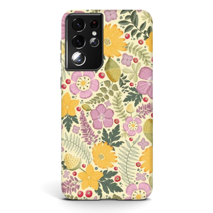 Galaxy S21 ultra StrongFit Olive's Garden in Yellow and Pink by Paula Ohreen