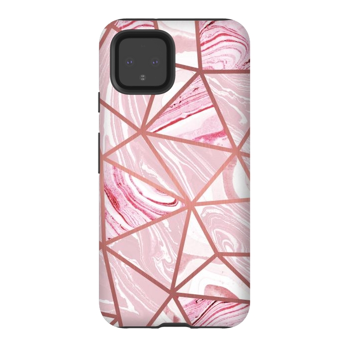 Pixel 4 StrongFit Candy pink marble and rose gold triangles by Oana 