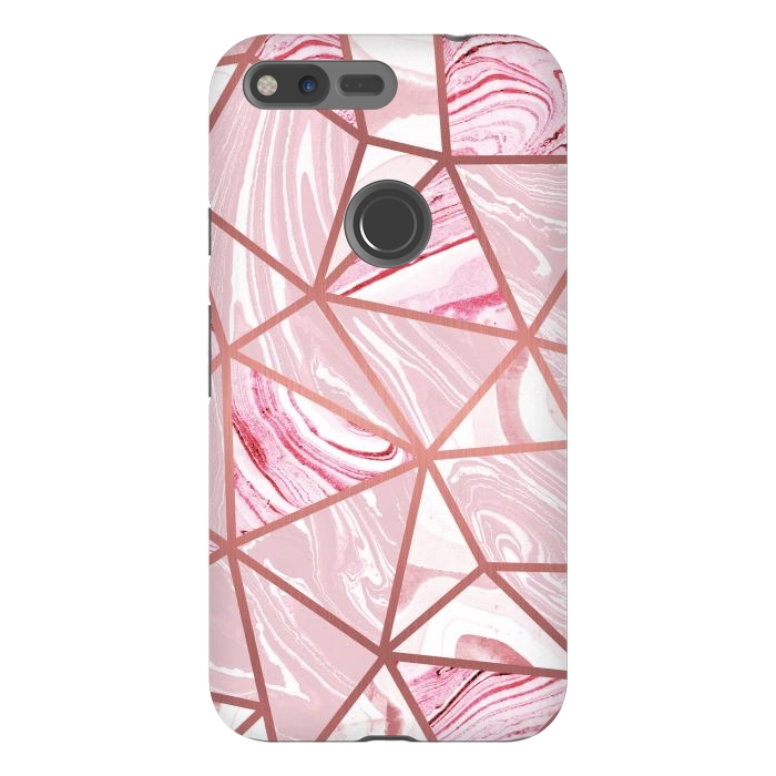 Pixel XL StrongFit Candy pink marble and rose gold triangles by Oana 