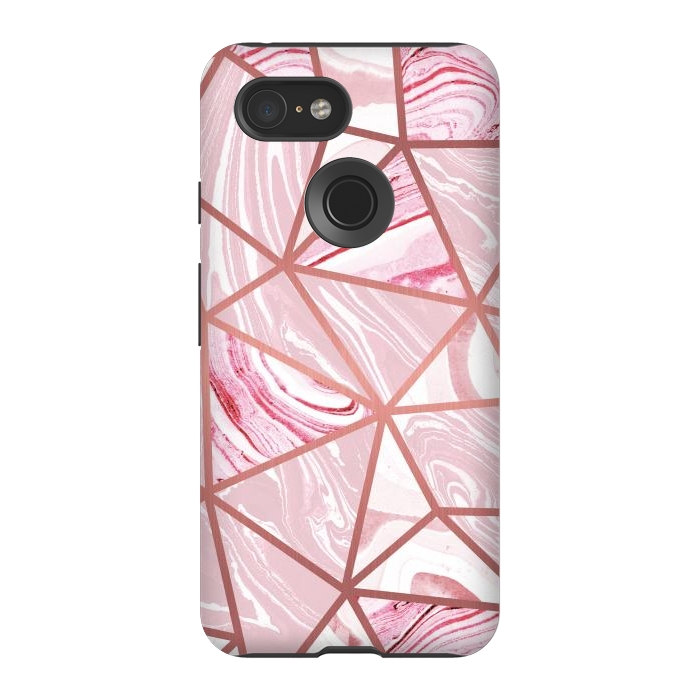 Pixel 3 StrongFit Candy pink marble and rose gold triangles by Oana 