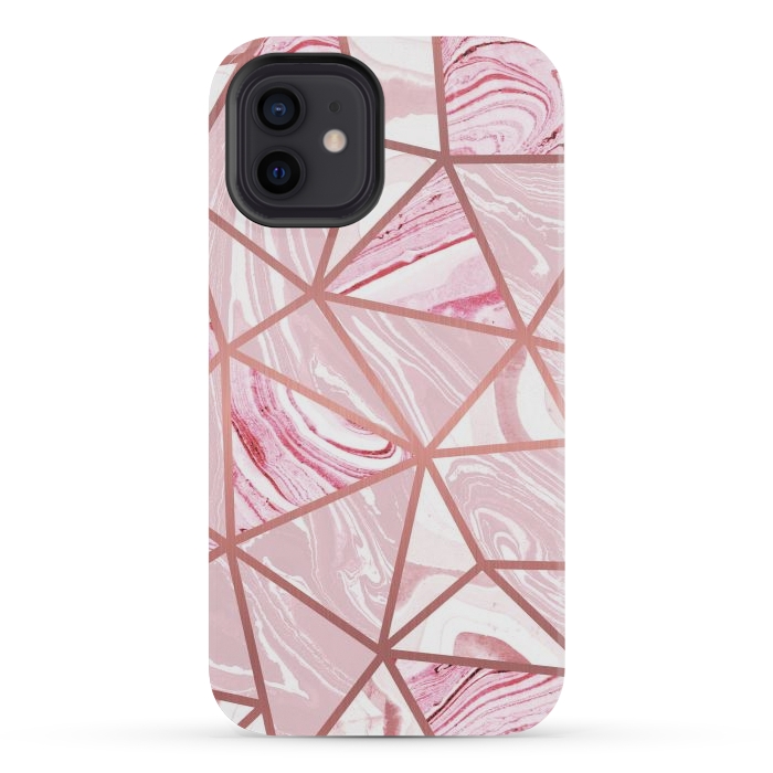iPhone 12 mini StrongFit Candy pink marble and rose gold triangles by Oana 