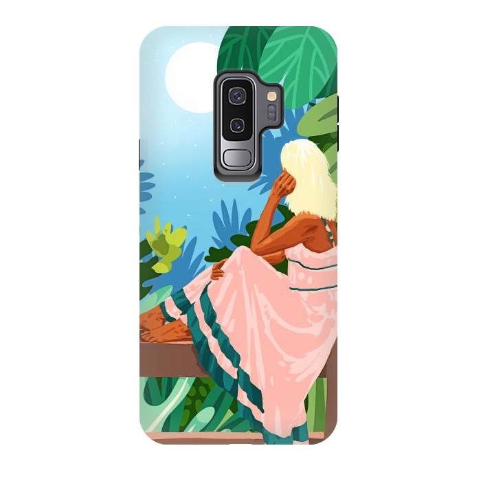 Galaxy S9 plus StrongFit Forest Moon, Bohemian Woman Jungle Nature Tropical Colorful Travel Fashion Illustration by Uma Prabhakar Gokhale