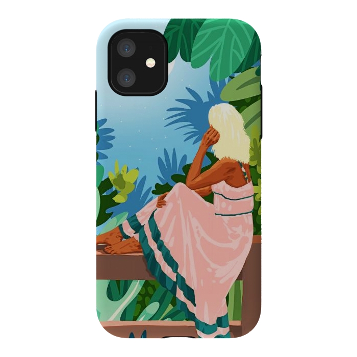 iPhone 11 StrongFit Forest Moon, Bohemian Woman Jungle Nature Tropical Colorful Travel Fashion Illustration by Uma Prabhakar Gokhale