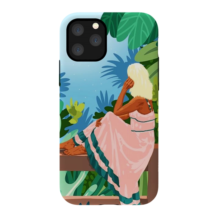 iPhone 11 Pro StrongFit Forest Moon, Bohemian Woman Jungle Nature Tropical Colorful Travel Fashion Illustration by Uma Prabhakar Gokhale