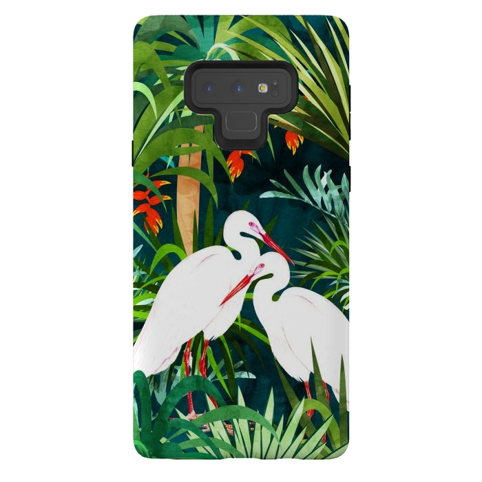 Galaxy Note 9 StrongFit To Me, You're Perfect, Tropical Jungle Heron Watercolor Vibrant Painting, Stork Birds Wildlife Love by Uma Prabhakar Gokhale