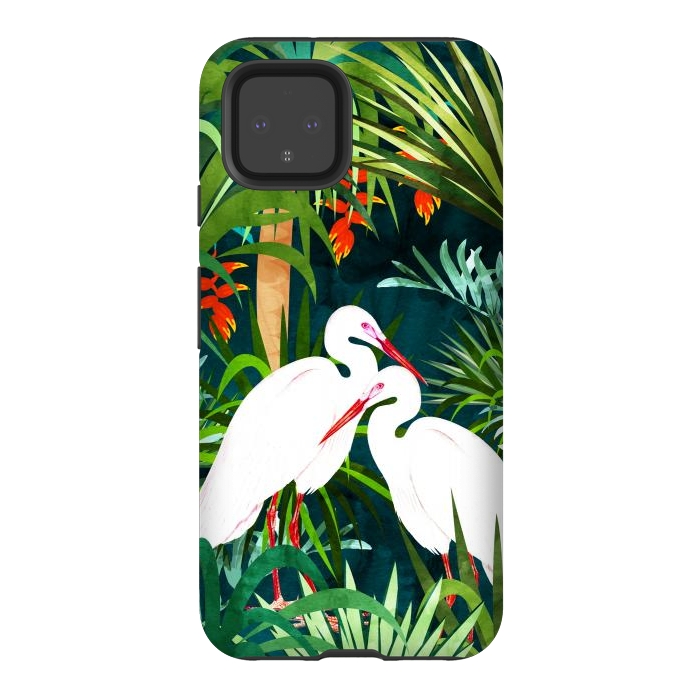 Pixel 4 StrongFit To Me, You're Perfect, Tropical Jungle Heron Watercolor Vibrant Painting, Stork Birds Wildlife Love by Uma Prabhakar Gokhale