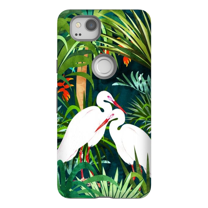 Pixel 2 StrongFit To Me, You're Perfect, Tropical Jungle Heron Watercolor Vibrant Painting, Stork Birds Wildlife Love by Uma Prabhakar Gokhale