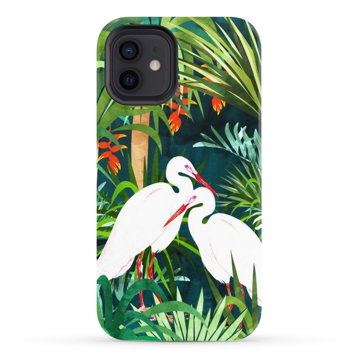 iPhone 12 StrongFit To Me, You're Perfect, Tropical Jungle Heron Watercolor Vibrant Painting, Stork Birds Wildlife Love by Uma Prabhakar Gokhale