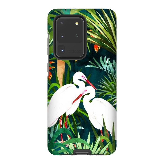 Galaxy S20 Ultra StrongFit To Me, You're Perfect, Tropical Jungle Heron Watercolor Vibrant Painting, Stork Birds Wildlife Love by Uma Prabhakar Gokhale